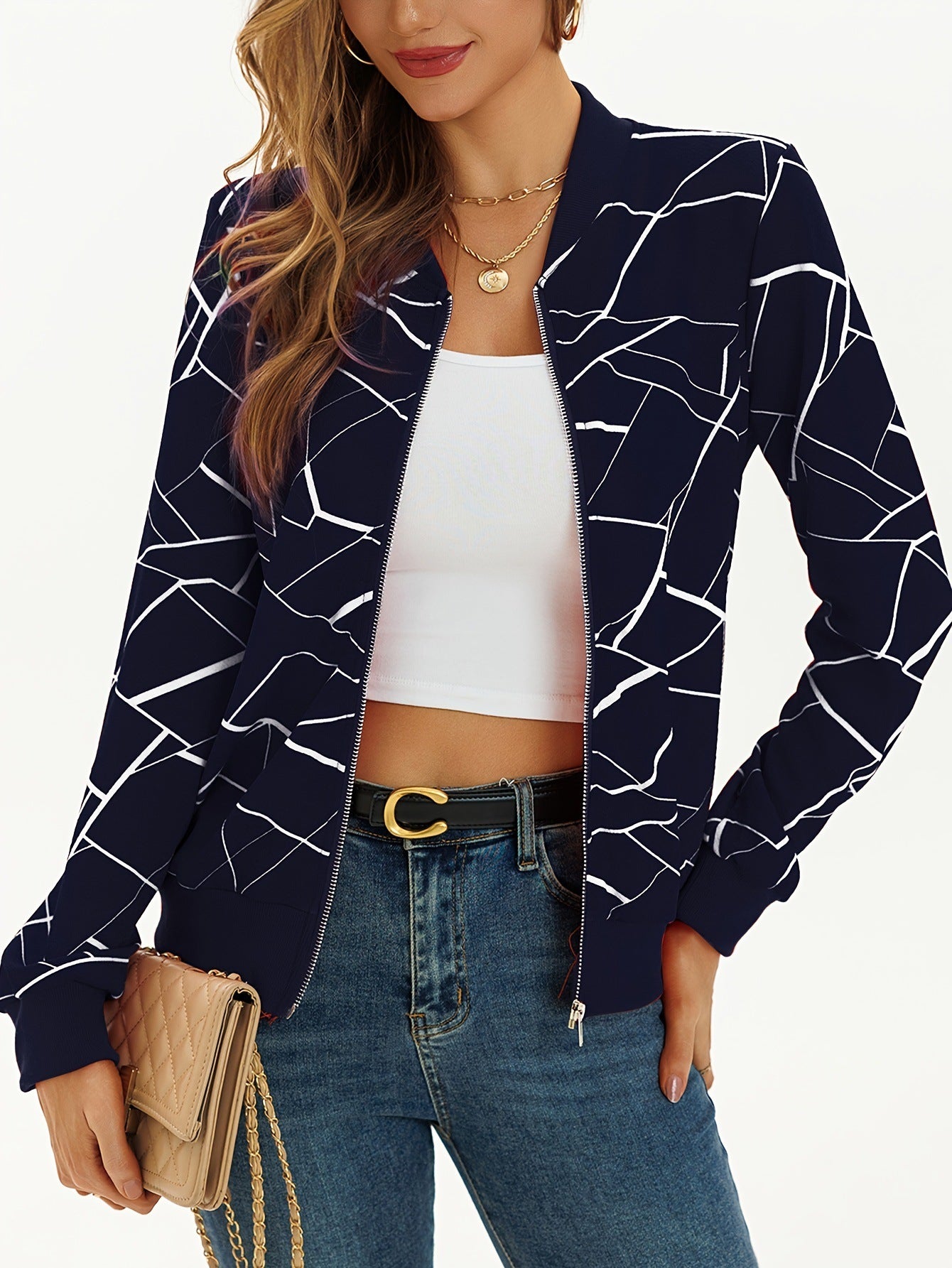 Stylish Long Sleeve Allover Print Zip Up Jacket Elegant