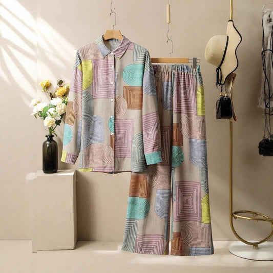 Printed Long Sleeve Trousers Suit