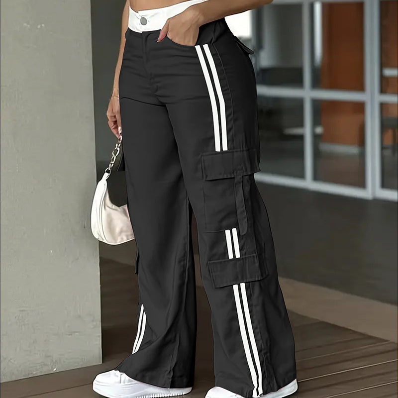 Women's Striped Straight Leg Pants Button Zip With Pocket Casual Trousers For Spring And Fall