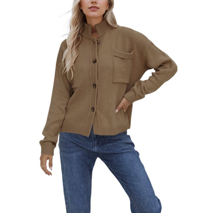 Standing Collar Plus Size Sweater Solid Color Cardigan For Women