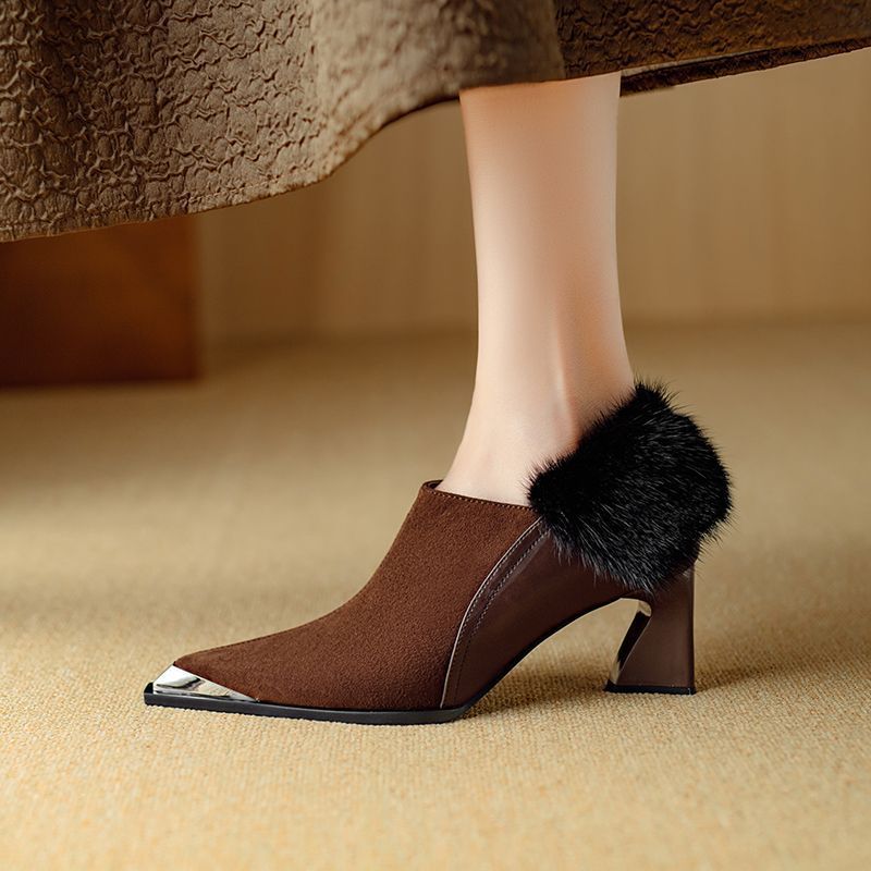 Womens Retro Chic Versatile Metal Pointed-Toe Slimming Cotton Shoes With Zipper And High Heel