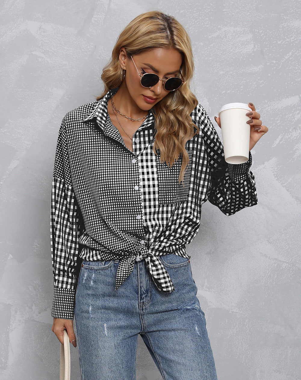Lapel Plaid Colorblock Loose Casual Shirt
