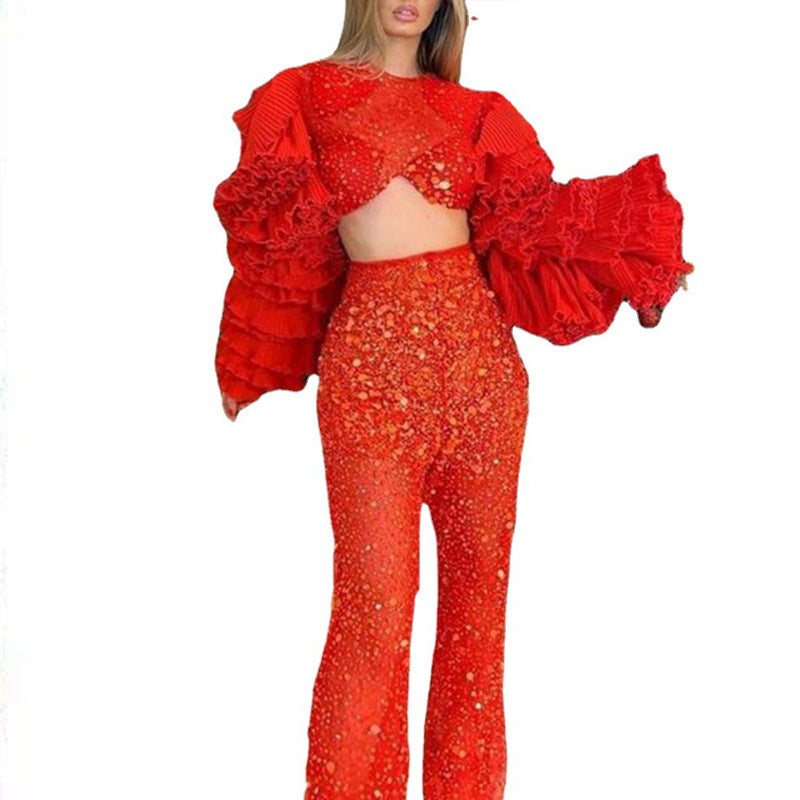 Women's Fashion Midriff-baring Long Sleeve Solid Color Suit