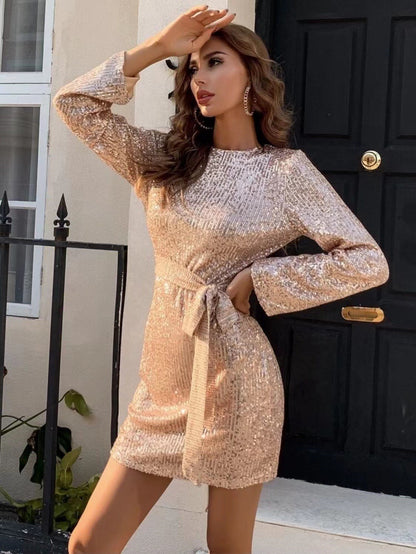 Slimming Lace-up Waist-controlled Long Sleeves Sequins Backless Dress