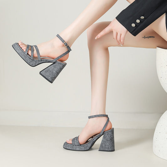 Denim-strapped Sandals With A Round Toe And Chunky Heel For Women