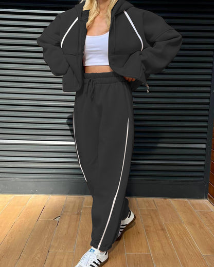 Fashion Sports Stripes Cardigan Hooded Suit Pants