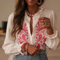 Boho Style Floral Ruffle Blouse, Women's Dressy Casual V-Neck Lantern Sleeve Button Down Shirt