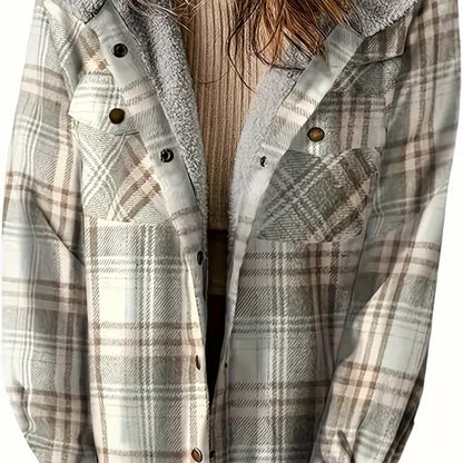 Women's Plaid Button-Up Long Sleeve Jacket Fall Winter  Flap Button Pocket Design Casual Hooded Fleece-Lined Warm Coat