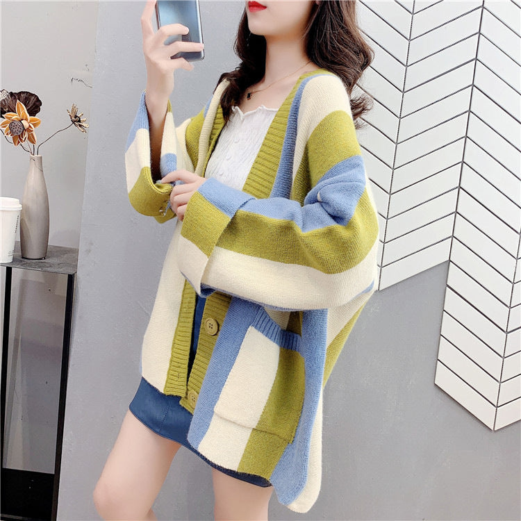 Striped Color Stitching Knitted Cardigan Sweater Coat For Women