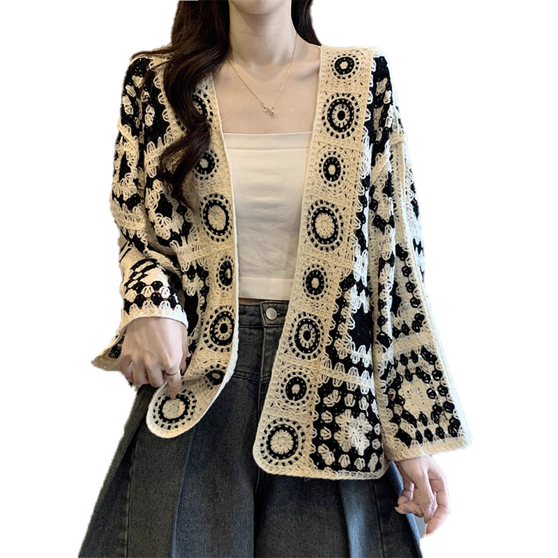 High-grade Crocheted Hollow-out Design Long-sleeved Knitted Cardigan