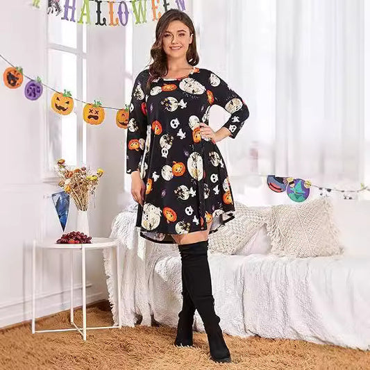 Halloween Christmas Holiday Color Casual Printed T-shirt Dress