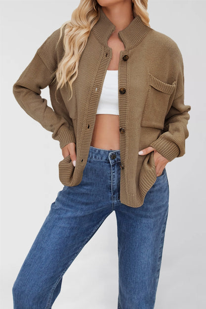 Standing Collar Plus Size Sweater Solid Color Cardigan For Women