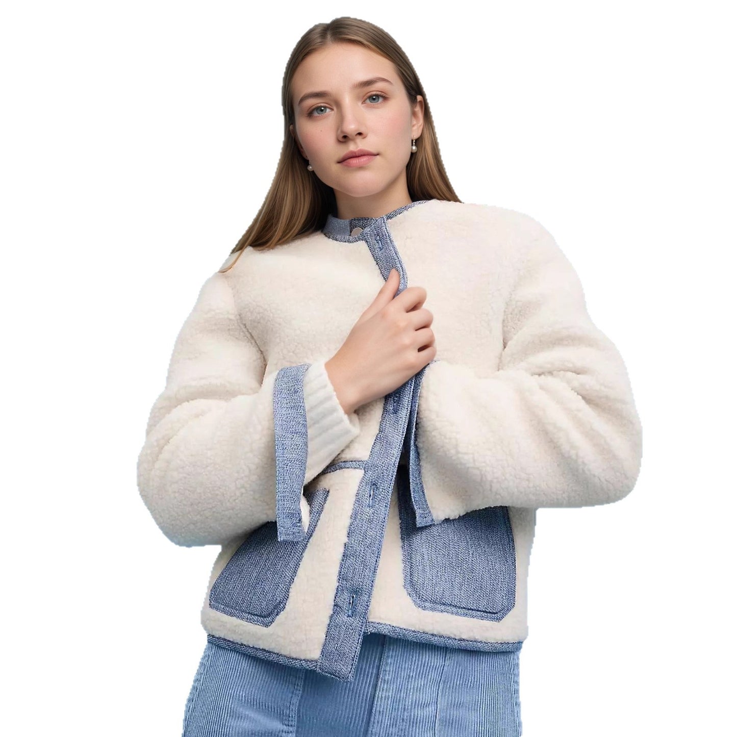 Fashion Design Color Contrast Color Patchwork Round Neck Coat