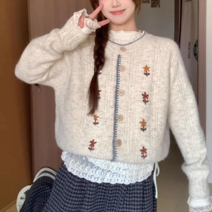 Japanese Style Soft Glutinous High-grade Round Neck Flower Knitted Cardigan Sweater Coat For Women