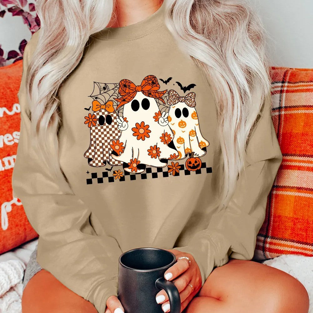 Khaki Cute Halloween Ghost Printed Drop Shoulder Baggy Sweatshirt