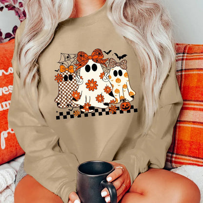 Khaki Cute Halloween Ghost Printed Drop Shoulder Baggy Sweatshirt