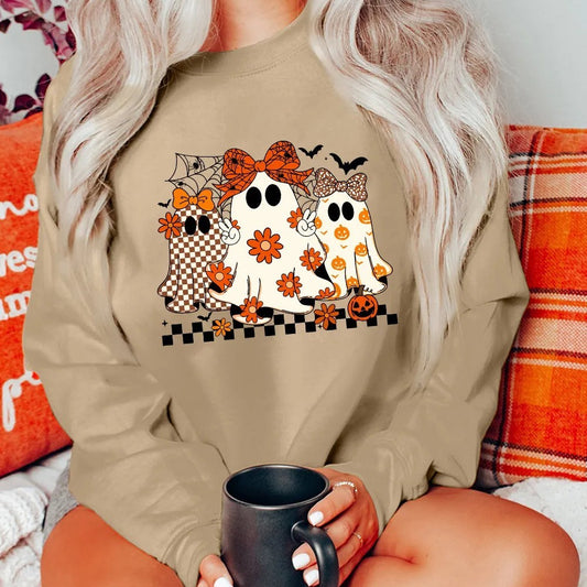 Khaki Cute Halloween Ghost Printed Drop Shoulder Baggy Sweatshirt