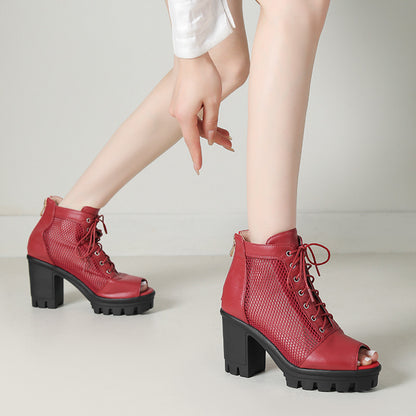 Womens Plus Size Mesh Peep Toe Chunky Heel Sandals With Thick Soles And High Heels