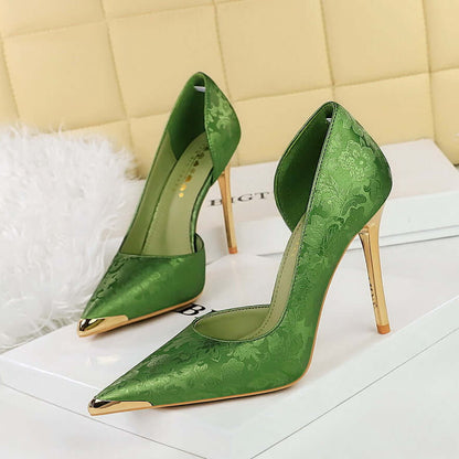 Satin Metal Pointed High Heel Thin Heel Shallow Single Shoes Product information: Pattern: solid color Lining material: Single layer PU Upper height: low top Heel height: high heels [6-8cm (inclusive)] Heel shape: stiletto heels Size: 34, 35, 36, 37, 38,