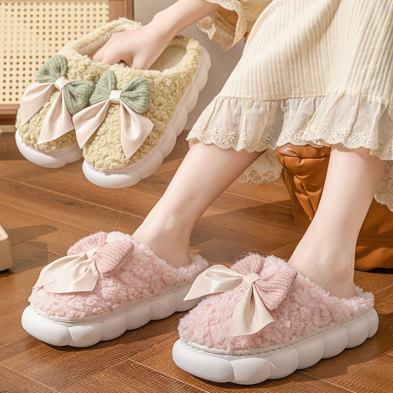 Bow Slippers Indoor Couple Non-slip Floor Bedroom Slippers Winter Warm Plush Home Shoes Household Indoor Warm