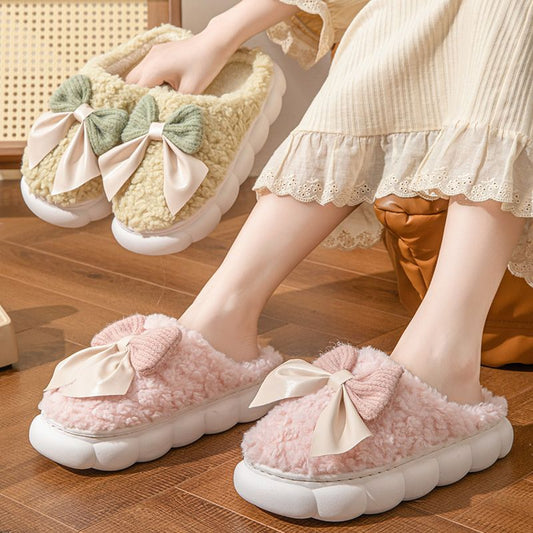 Bow Slippers Indoor Couple Non-slip Floor Bedroom Slippers Winter Warm Plush Home Shoes Household Indoor Warm