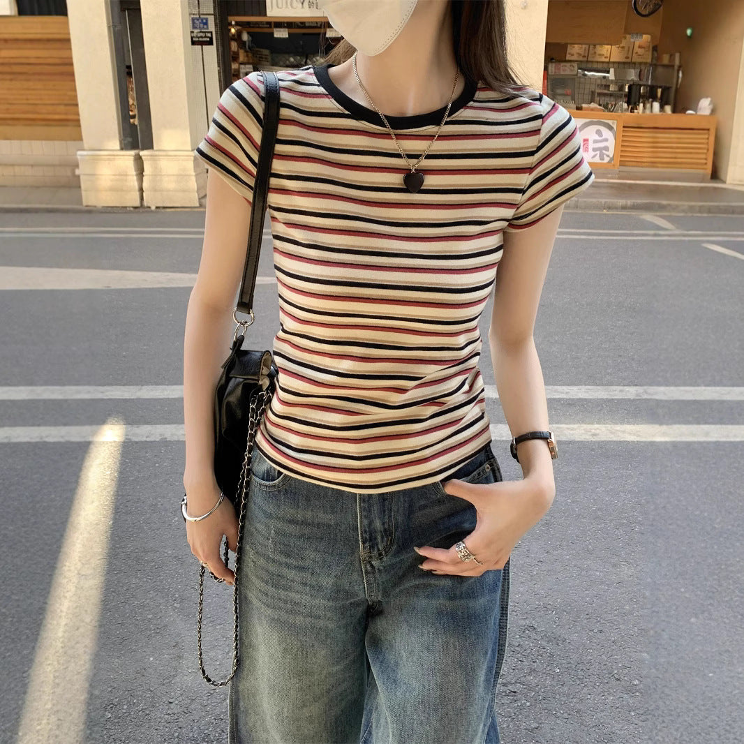 Contrast Color Striped Round Neck Short Sleeve Women's Shoulder Top