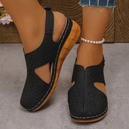 Breathable Velcro-Strapped Wedge Sandals With Fishmouth Design And Stitched Seams