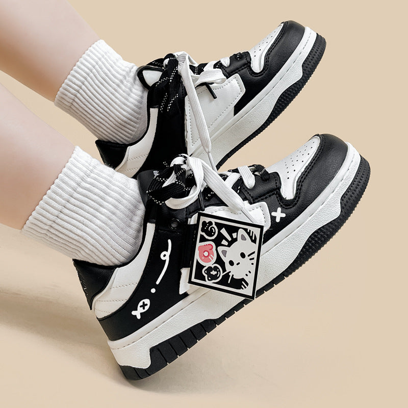 Black And White Board Shoes Women's All-match Product information: Pattern: Cartoon Lining material: Cotton Toe holder shape: round head Upper height: low top (0-3cm) Shoe Upper material: Microfiber Size: 36, 37, 38, 39, 40 Sole craft: viscose shoes Appli