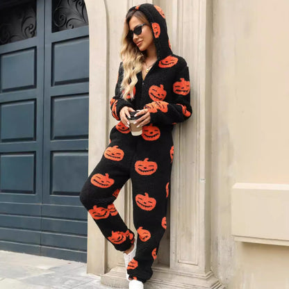 European And American Autumn And Winter New Halloween Pumpkin Print Loose Zip Plush Jumpsuit