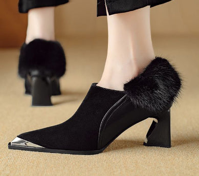 Womens Retro Chic Versatile Metal Pointed-Toe Slimming Cotton Shoes With Zipper And High Heel