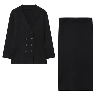 Temperament Female Knitted Double-breasted Coat Midi Skirt