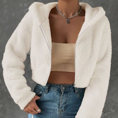 Women's Coat Fashion Casual Short Long Sleeve Hooded Fleece Shirt Solid Color