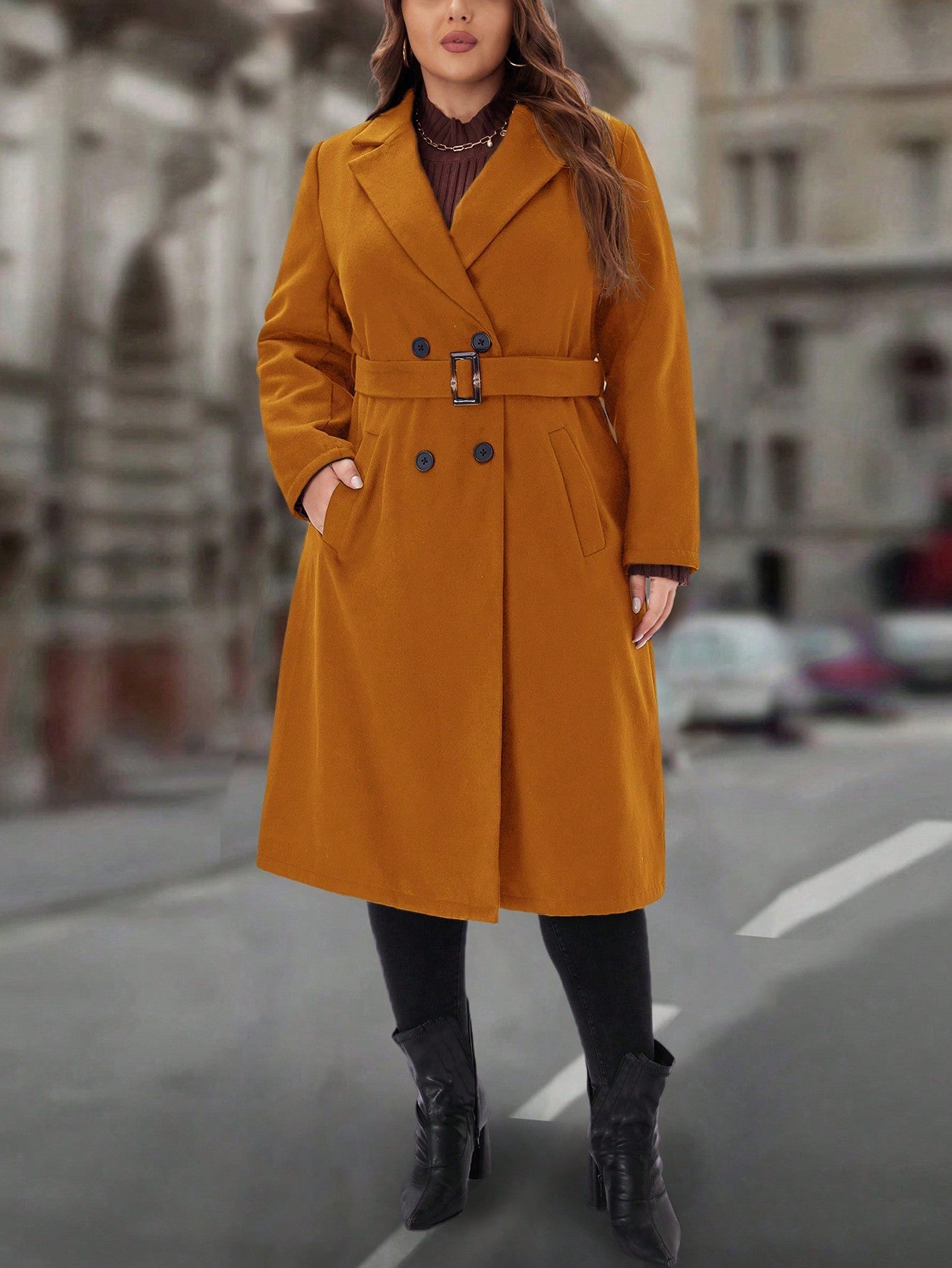 Women's Plus Size Solid Color Woolen Coat