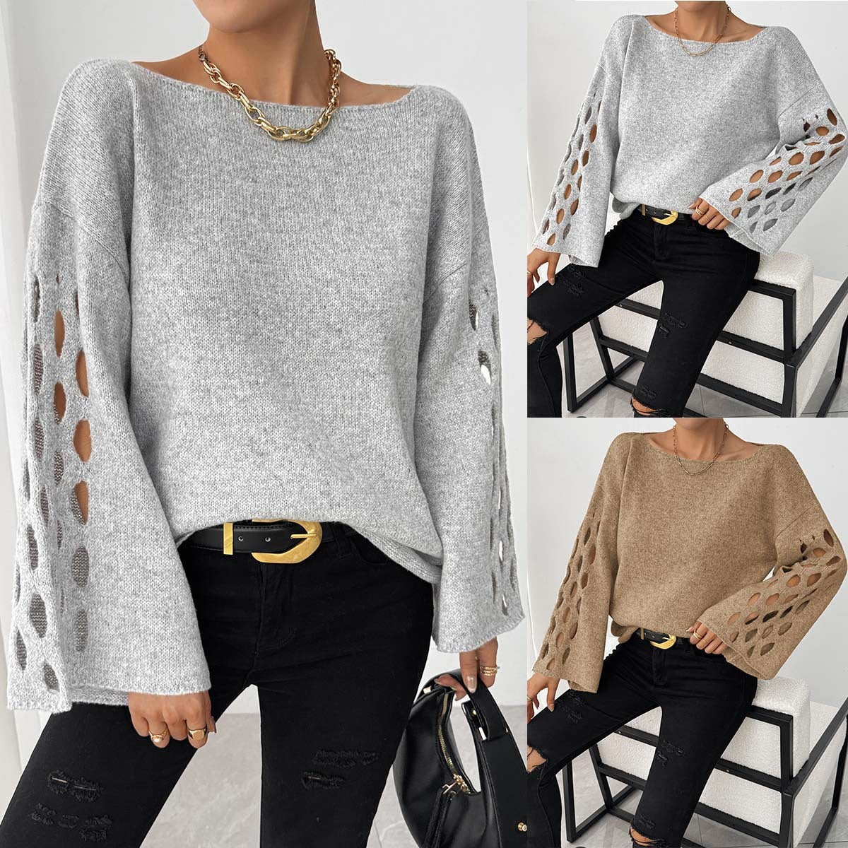 Women's Solid Color Round Neck Long Sleeve Hollow Sweater