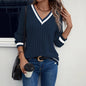 Women's Casual V-neck Ribbed Sweatshirt Navy Blue