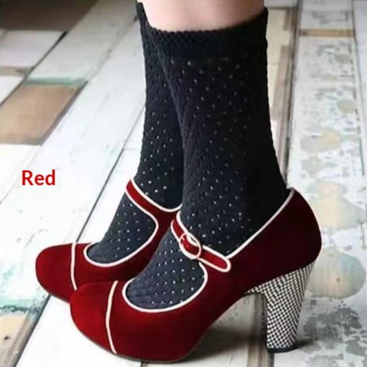 Womens Retro Round-Toe Low-Heel Pumps With Ankle Strap Buckle