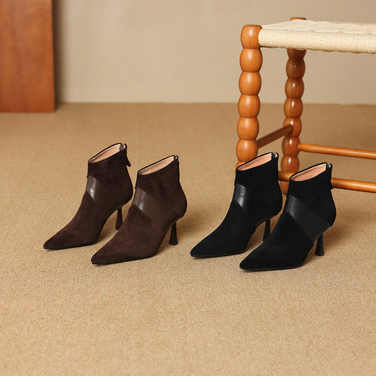 Spliced Short Martin Boots With Genuine Leather And A Slender Heel