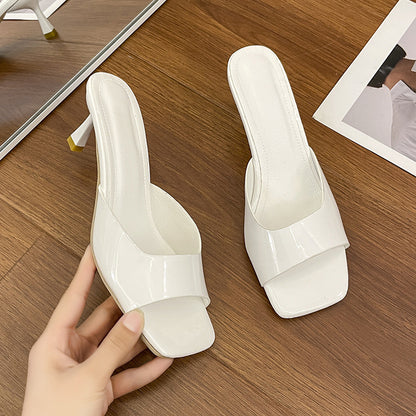 Womens Open-toe Square-toe Slippers With A Thin Heel For Outdoor Wear