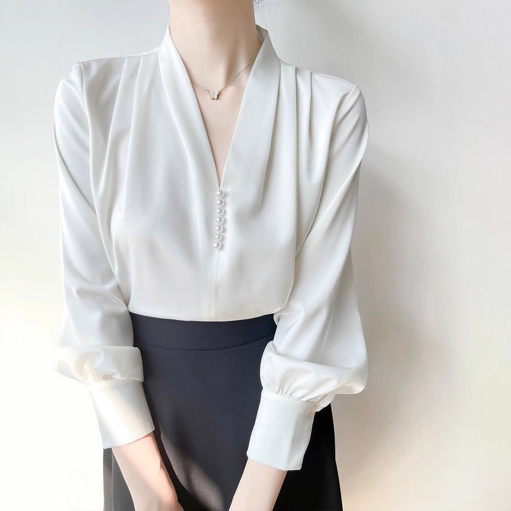 Women's Polyester V-neck Chiffon Long-sleeved Shirt