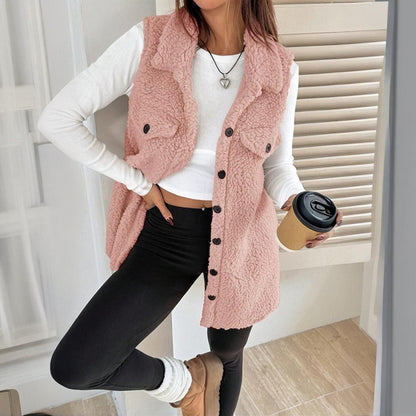 Women's Wool-Like Sleeveless Vest With Lapel, Solid Color Mid-Length Button Up Waistcoat For Layering, Casual & Formal Outfits