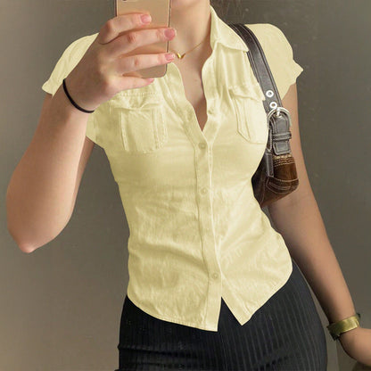 Women's Solid Color Short-sleeved Button Shirt