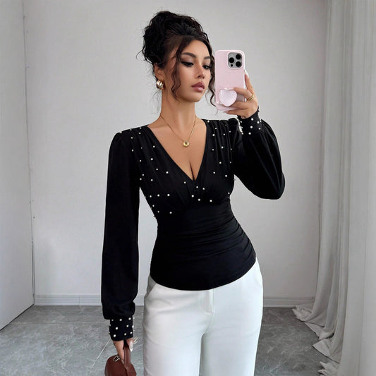 V-neck Pearl Solid Color Long Sleeved Fitted T-shirt Women