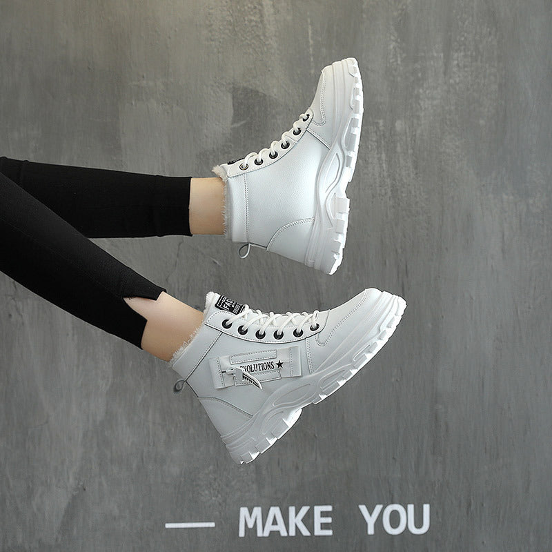 Korean Style Student All-matching Warm High-top Martin Boots Product information: Pattern: solid color Lining material: artificial velboa Applicable sports: Universal Color: white, black, khaki Upper height: tall crown Heel height: flat heel Heel shape: f