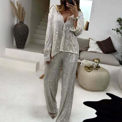 Fashion Casual Women's Clothing Sequin Coat Trousers Top Suit