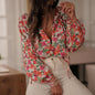 Women's Casual Boho Floral Print V Neck Long Sleeve Drawstring Tops Loose Blouses Button Down Shirts