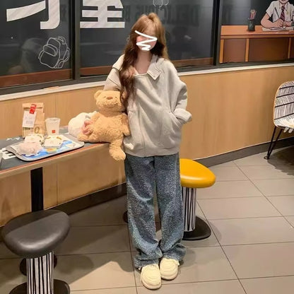 Korean Style Double Zipper Gray Coat Women's Autumn And Winter