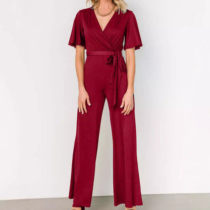 Women's Casual Solid Color Short Sleeve Belt Jumpsuit