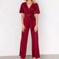 Women's Casual Solid Color Short Sleeve Belt Jumpsuit