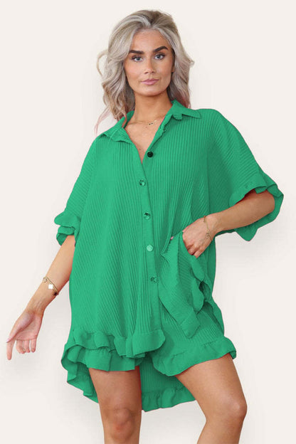 Women Casual Oversized Gold Button Pleated Frilled Ruffle Short Sleeves Shirt Top And Short Co Ord Set
