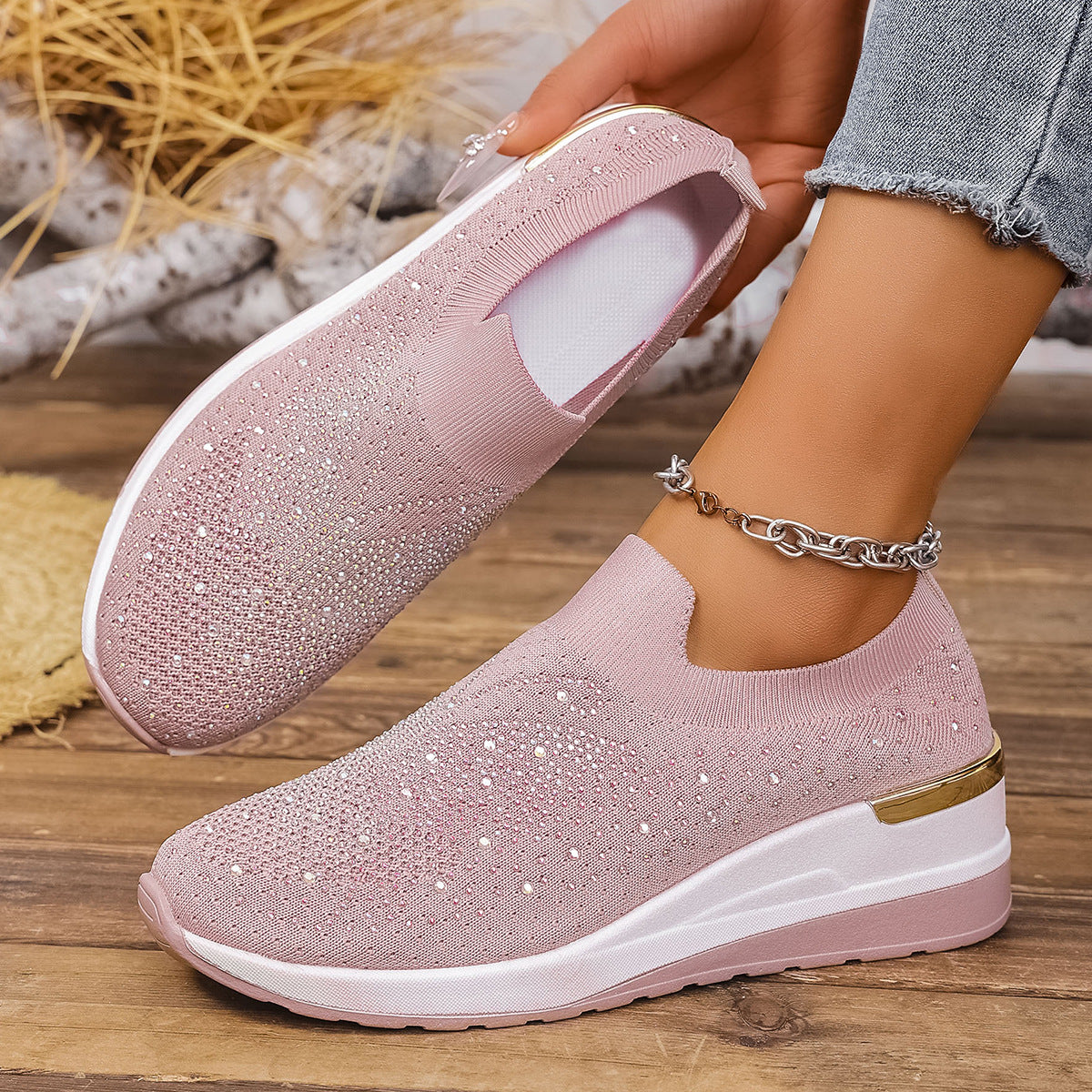 Pumps Women's Summer Wedge Round Toe Rhinestone Slip-on Women's Pumps Pumps Product information: Color: Black, milky white, pink, Rose Red, White Upper height: low top Heel height: low heel (1-3CM) Heel shape: Wedge Size: 36, 37, 38, 39, 40, 41, 42, 43 So